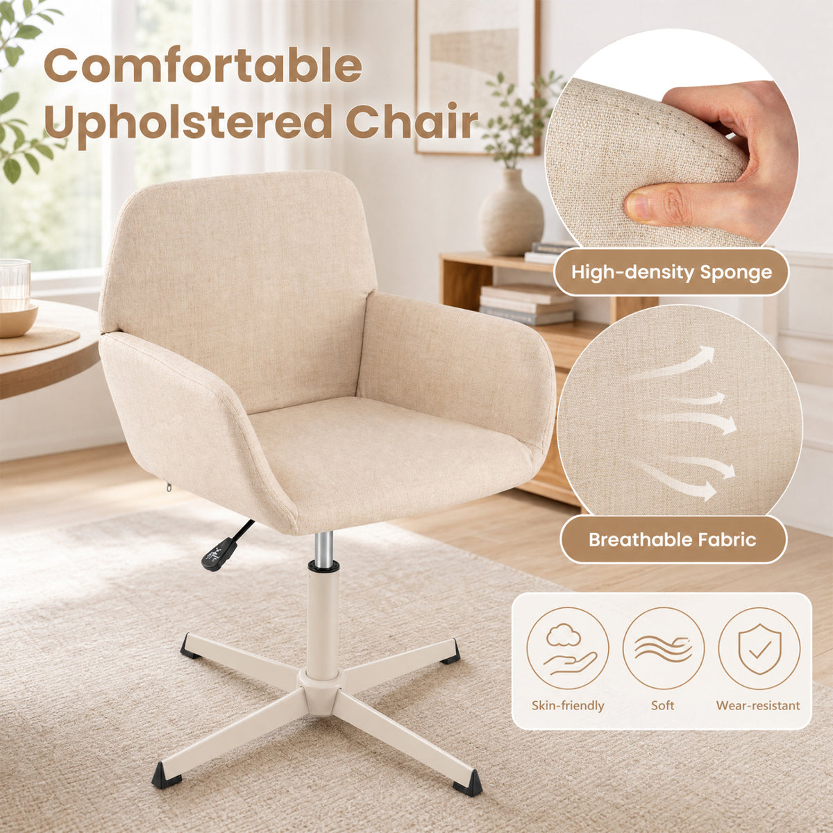 Vanity Chair with Back 360° Swivel Armchair w/ Adjustable Height for