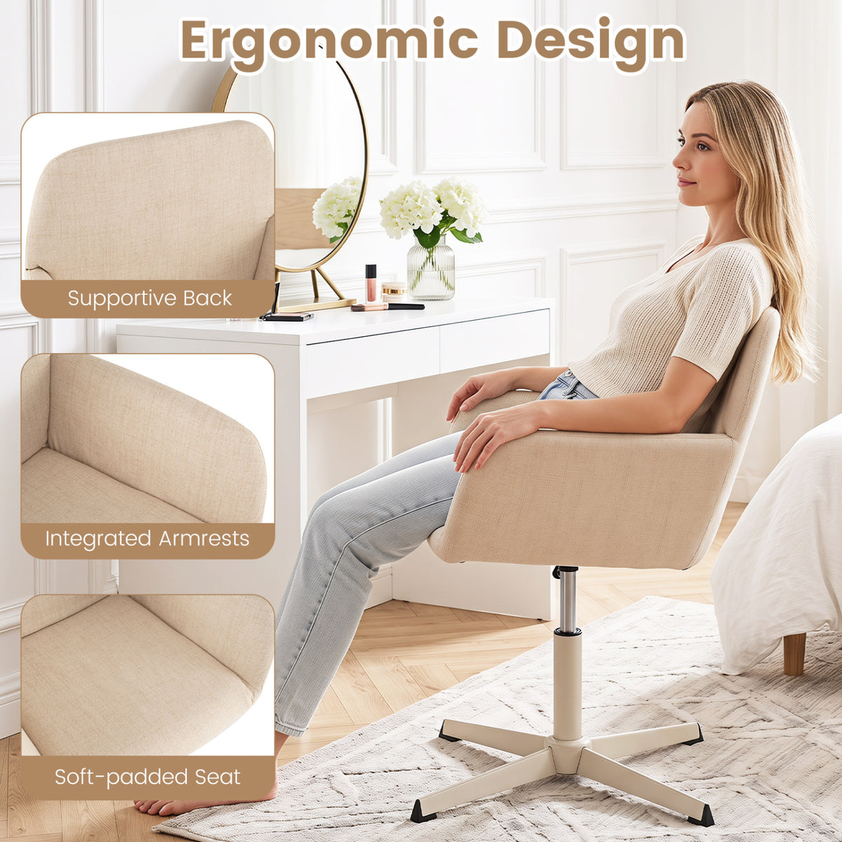 Vanity Chair with Back 360° Swivel Armchair w/ Adjustable Height for