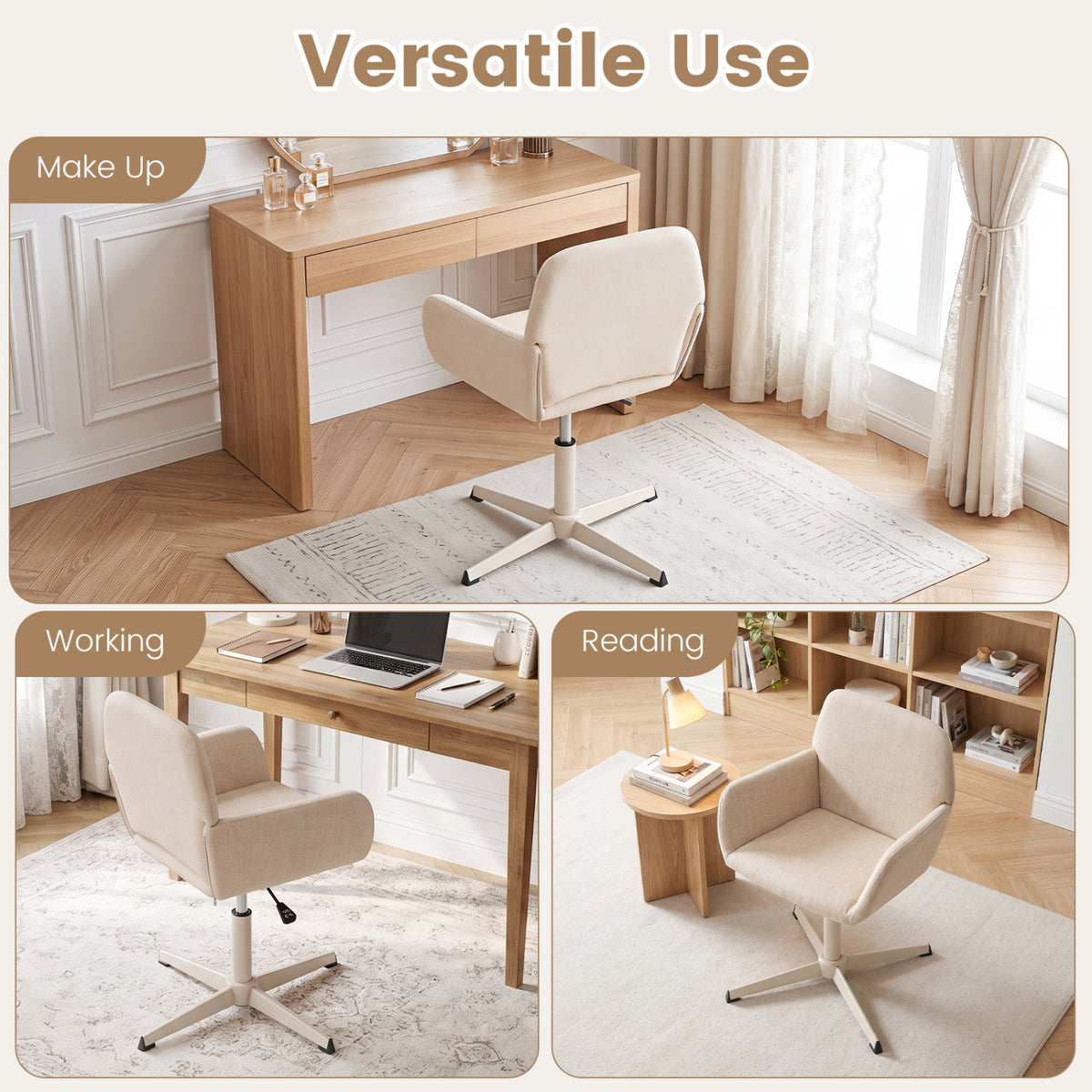 Vanity Chair with Back 360° Swivel Armchair w/ Adjustable Height for