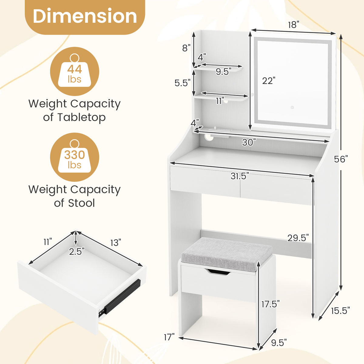 LED Lighted Makeup Vanity Desk with 3 Color Modes, White