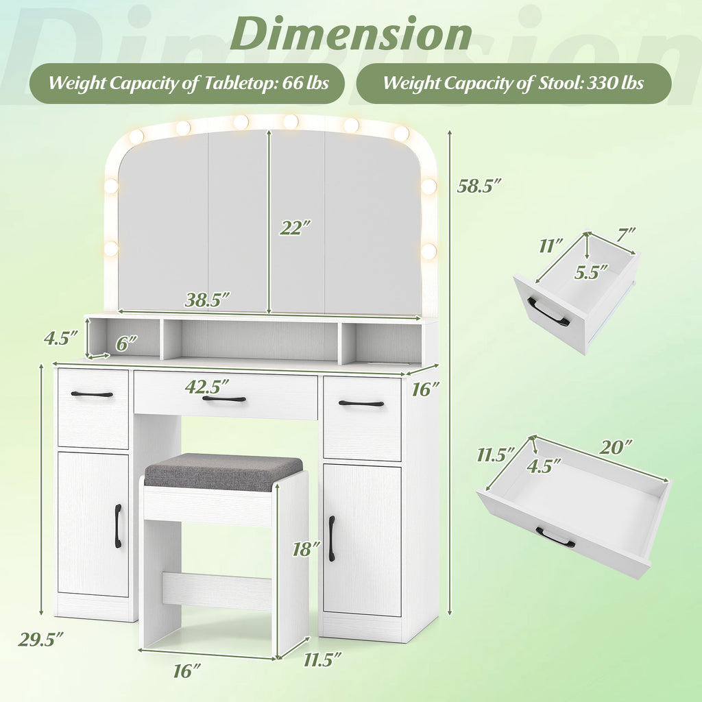 Vanity Desk Makeup Table with 3-Color LED Lights, Charging Station and Stool, White