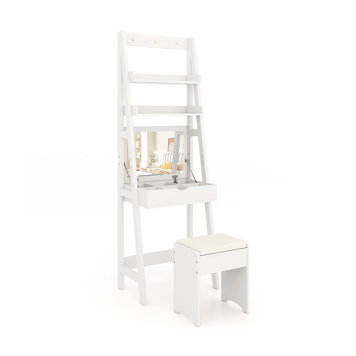 Small Vanity Desk with LED Lighted Mirror & Power Outlets, White