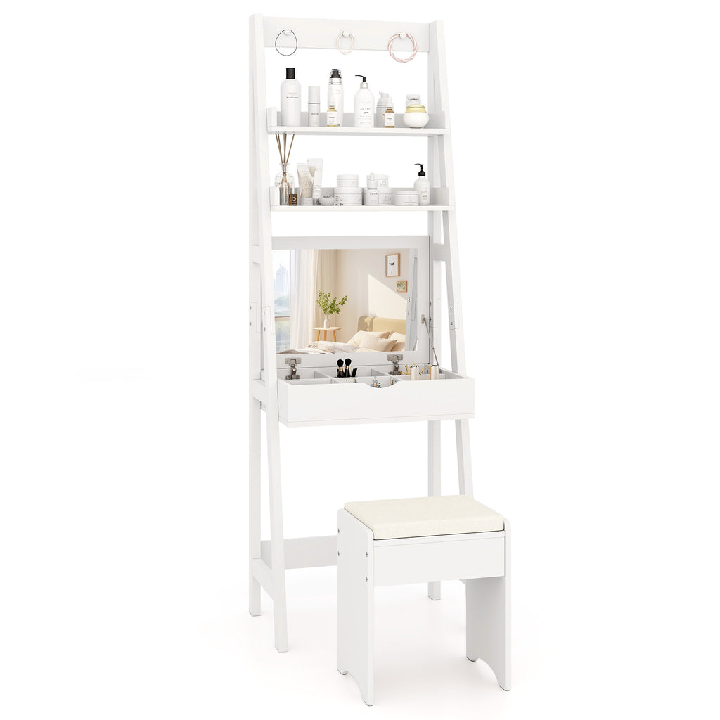 Vanity Desk Set with Flip Top Mirror & Storage – White