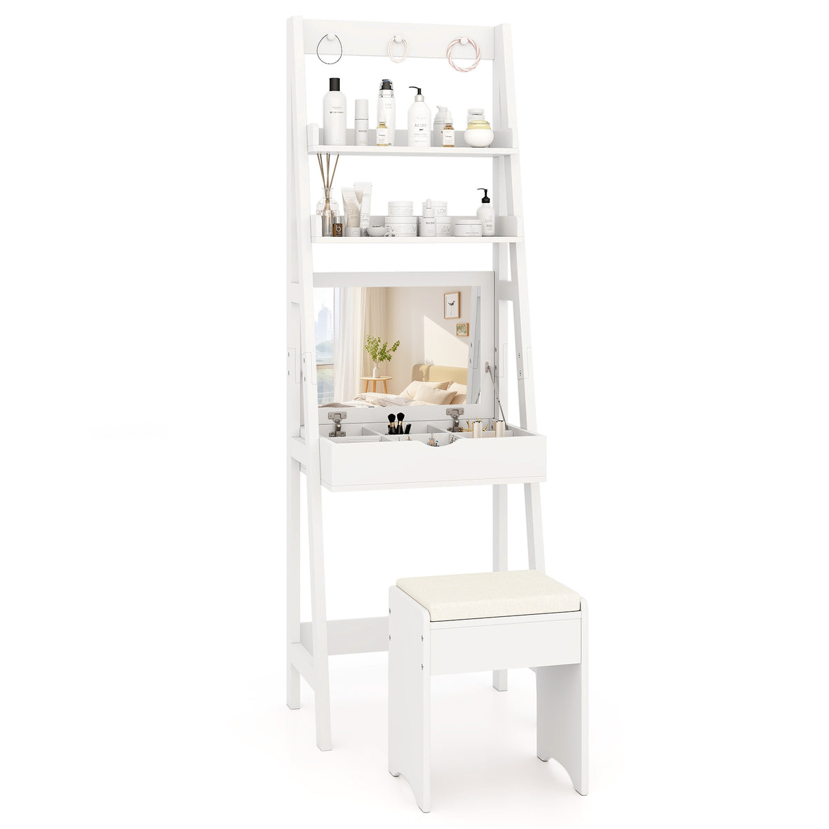 Vanity Desk Set with Flip Top Mirror & Storage – White
