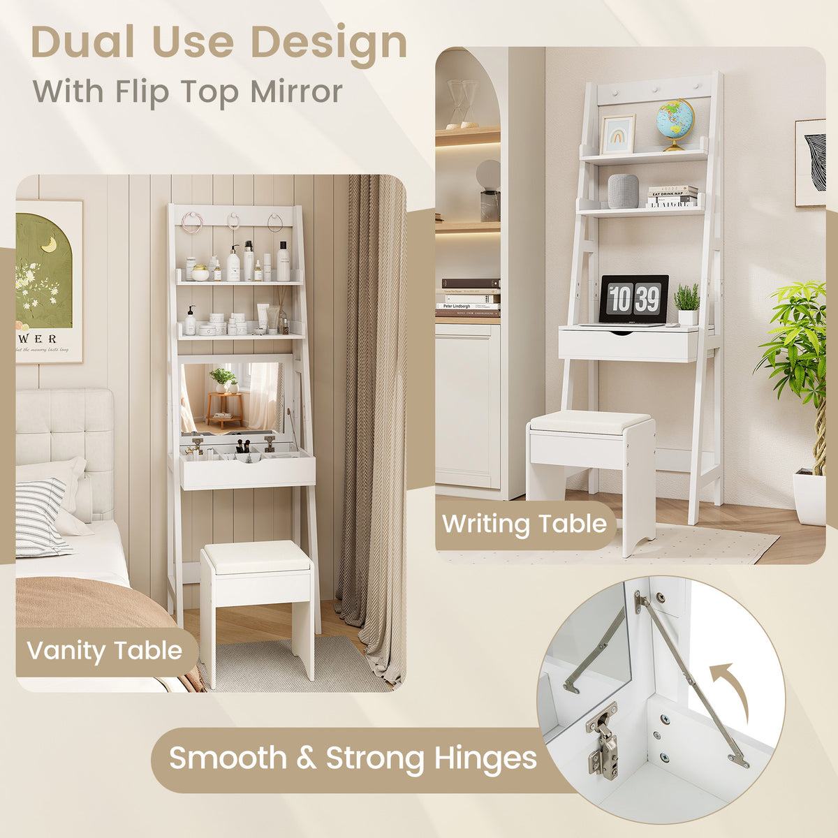 Vanity Desk Set with Flip Top Mirror & Storage – White