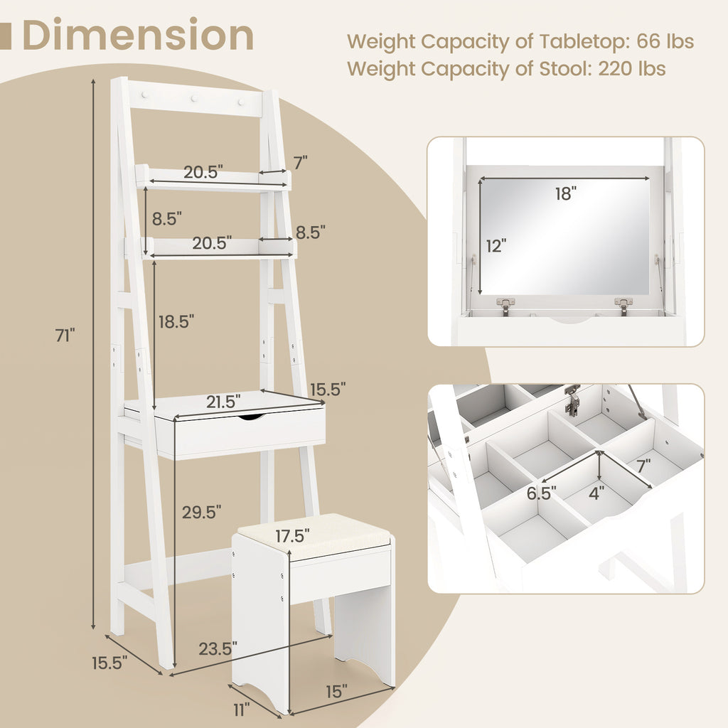 Vanity Desk Set with Flip Top Mirror & Storage – White