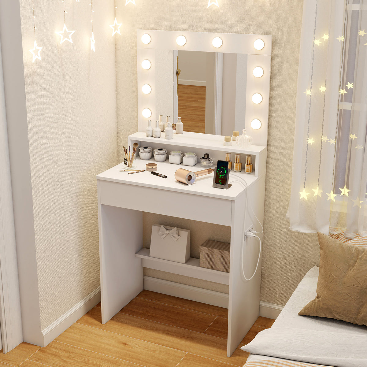 Lighted Vanity Desk with 3 Modes & Adjustable Brightness - White