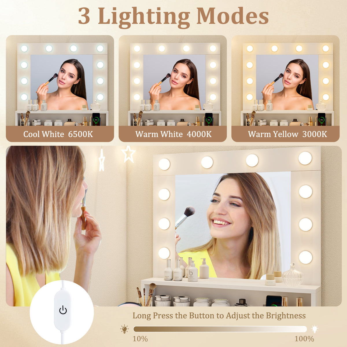 Lighted Vanity Desk with 3 Modes & Adjustable Brightness - White