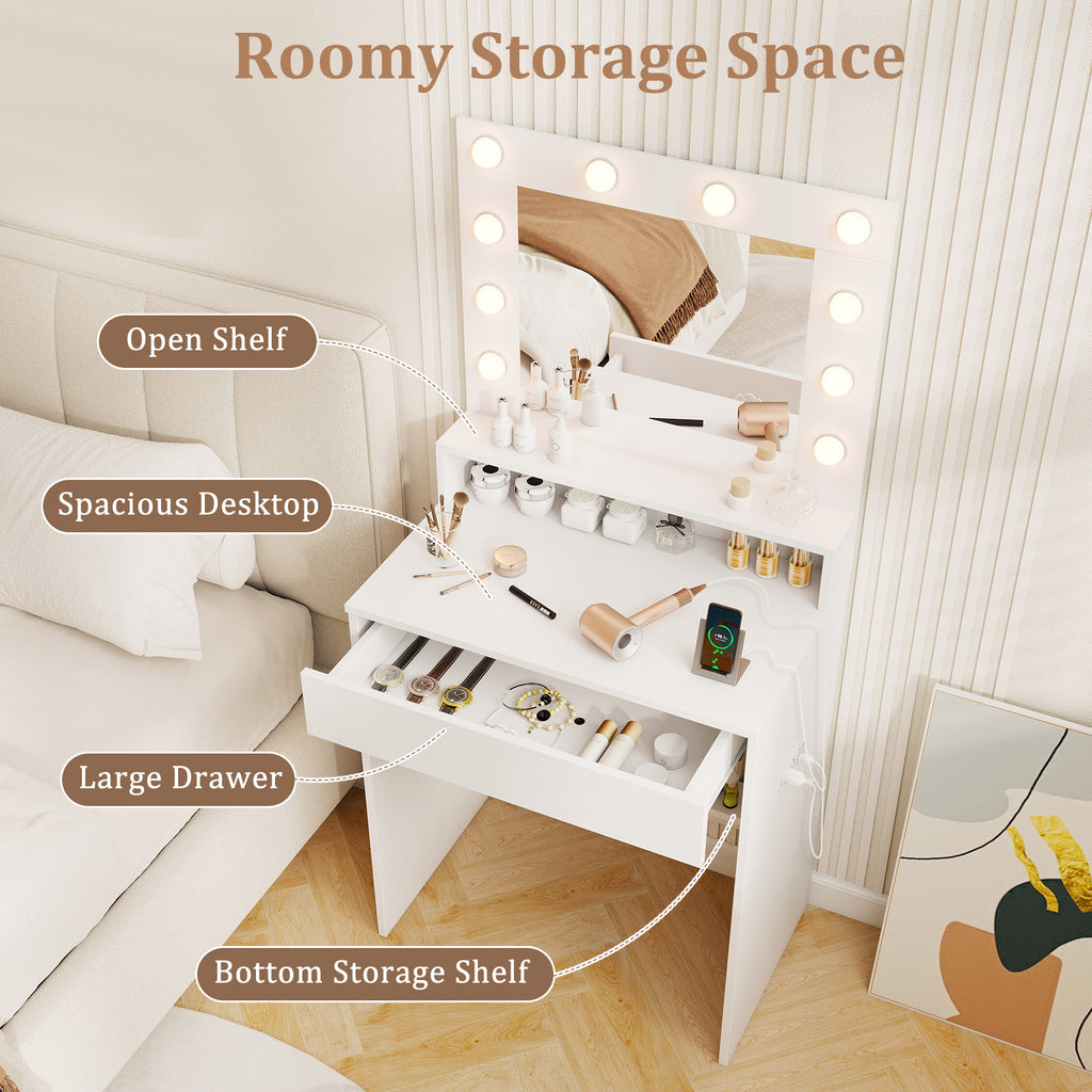 Vanity Desk with LED Lighting & Storage - White