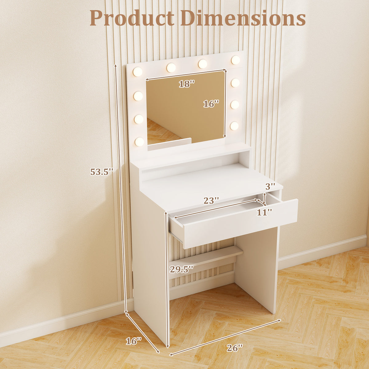 Vanity Desk with LED Lighting & Storage - White