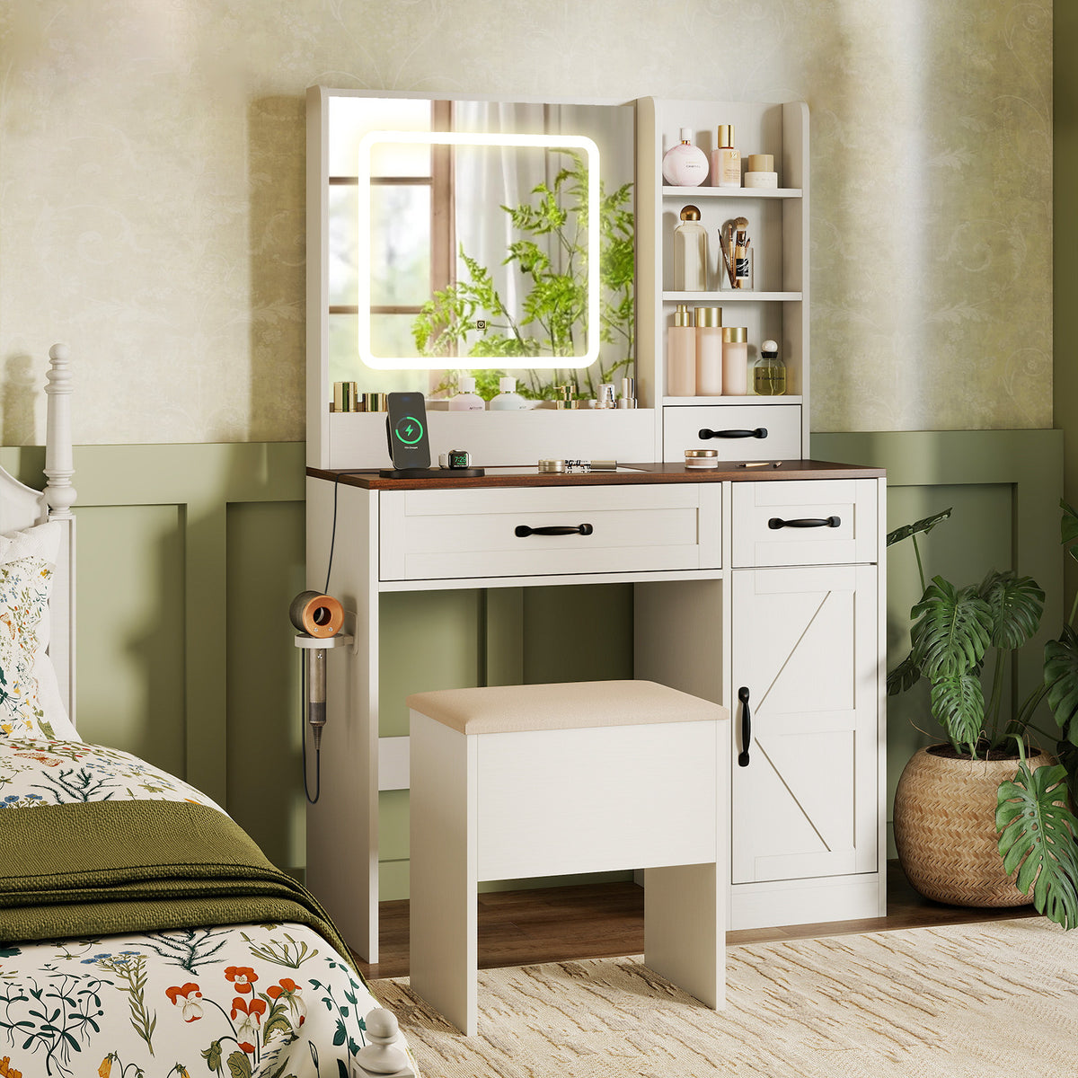 Vanity Desk with Lighted Mirror & Storage – White Farmhouse