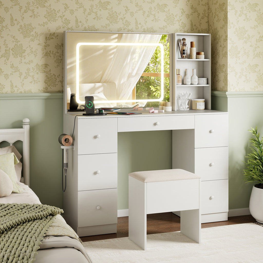 Vanity Desk with Lighted Mirror & Stool Set, White