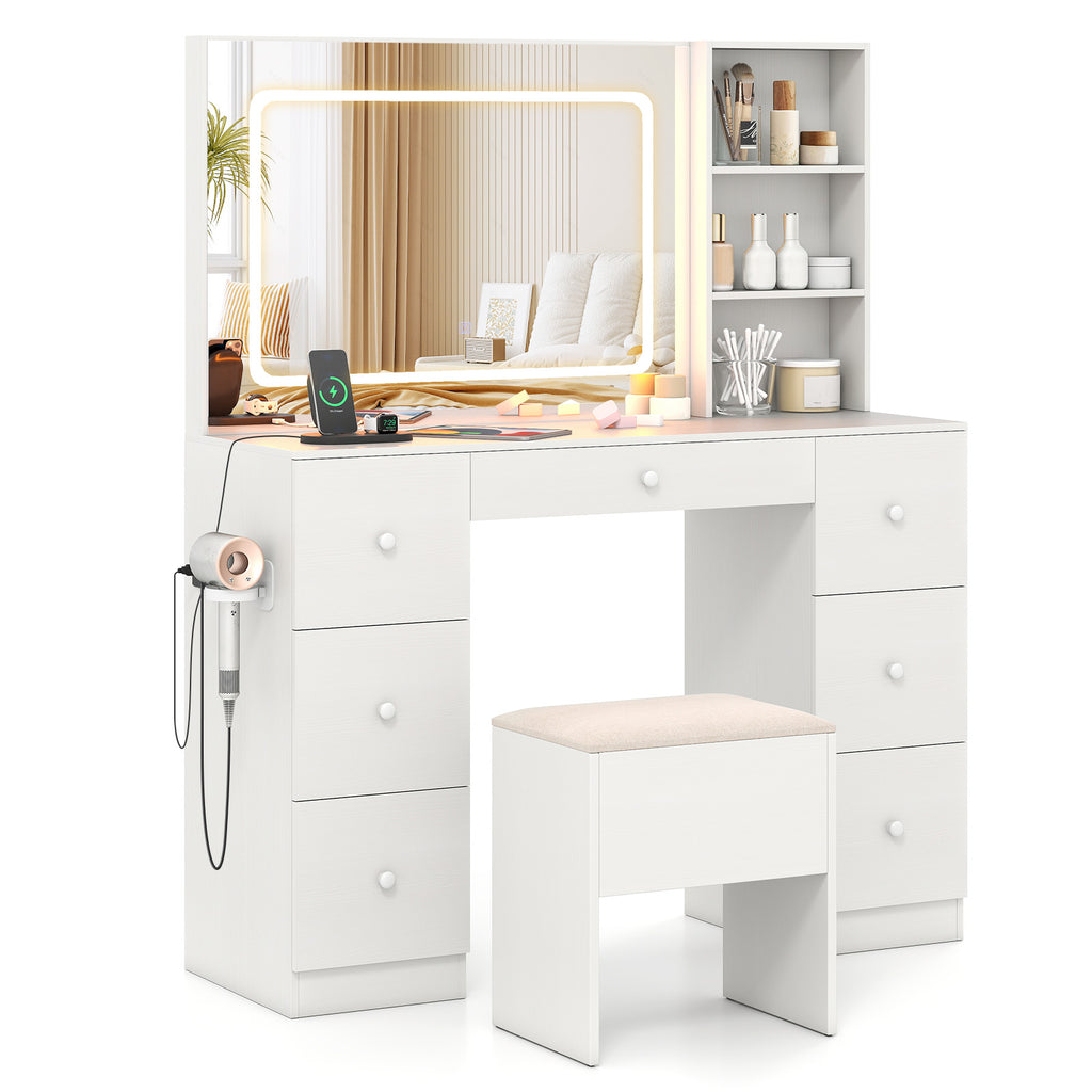 Vanity Desk with Lighted Mirror & Storage – White Farmhouse