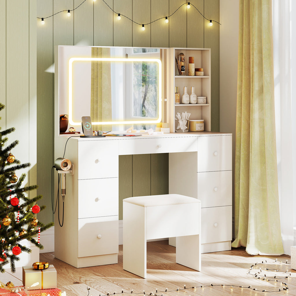 Vanity Desk with Lighted Mirror & Stool Set, White