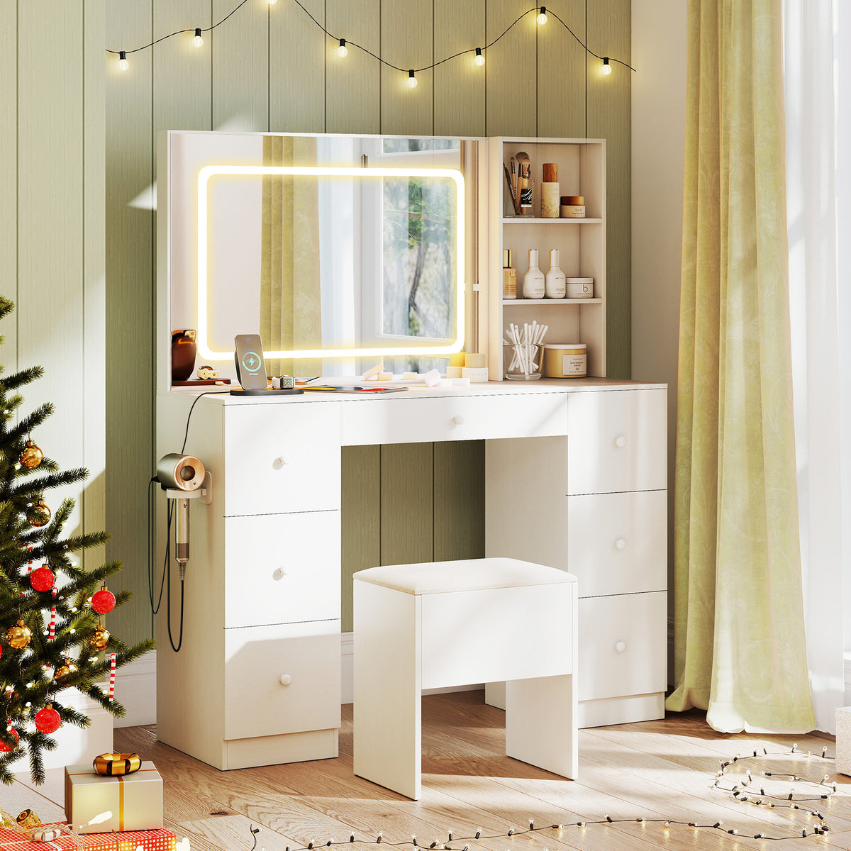 Vanity Desk with Lighted Mirror & Stool Set, White