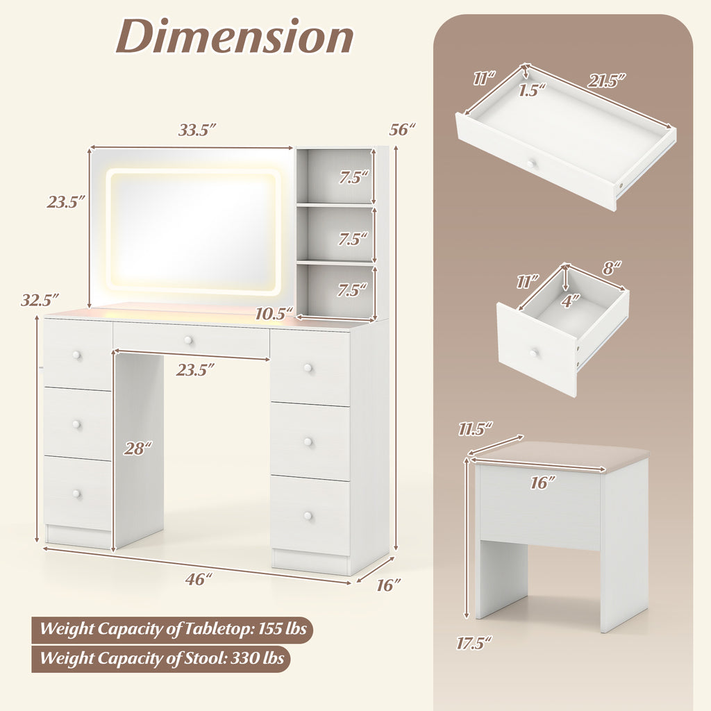 Vanity Desk with Lighted Mirror & Stool Set, White