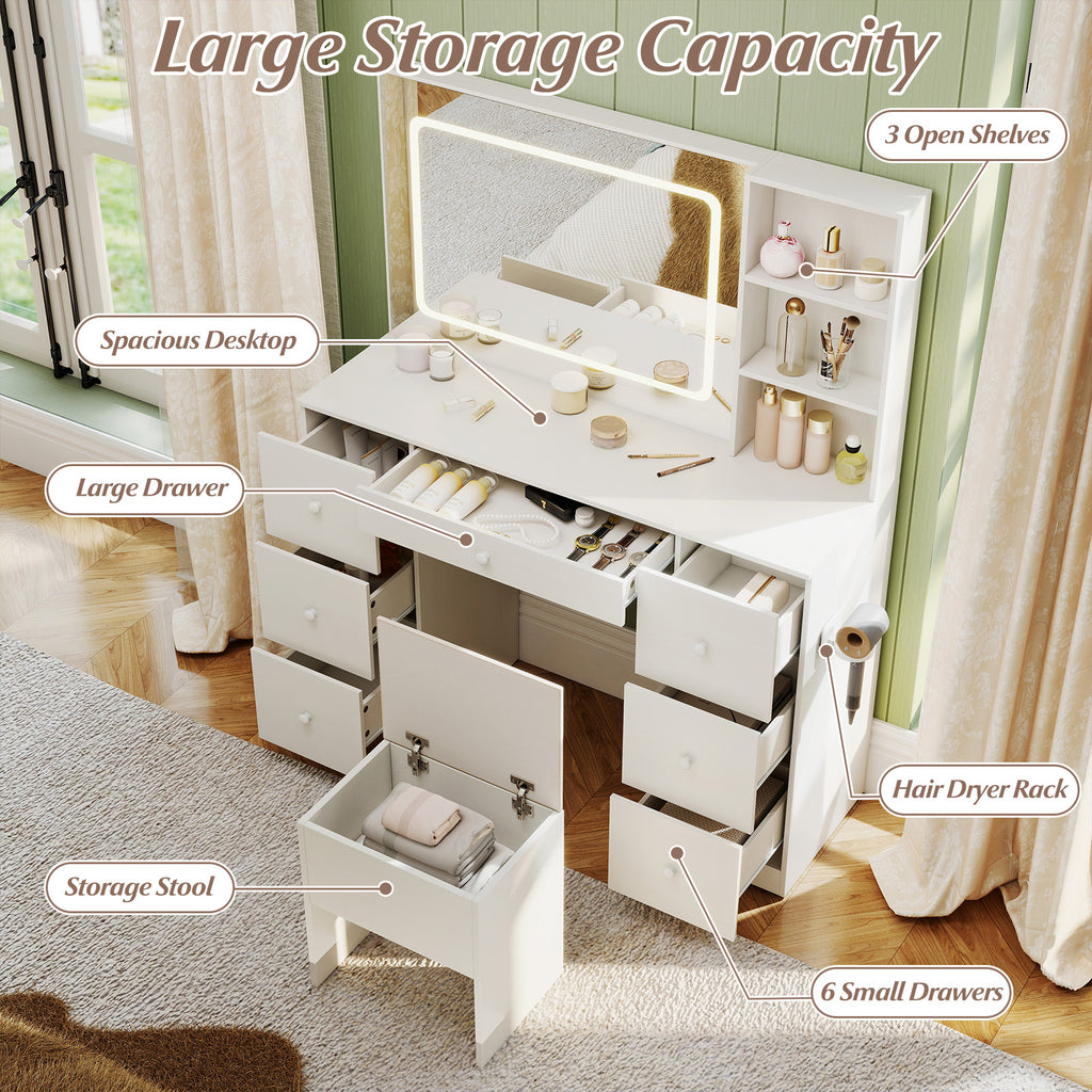 Vanity Desk with Lighted Mirror & Stool Set, White