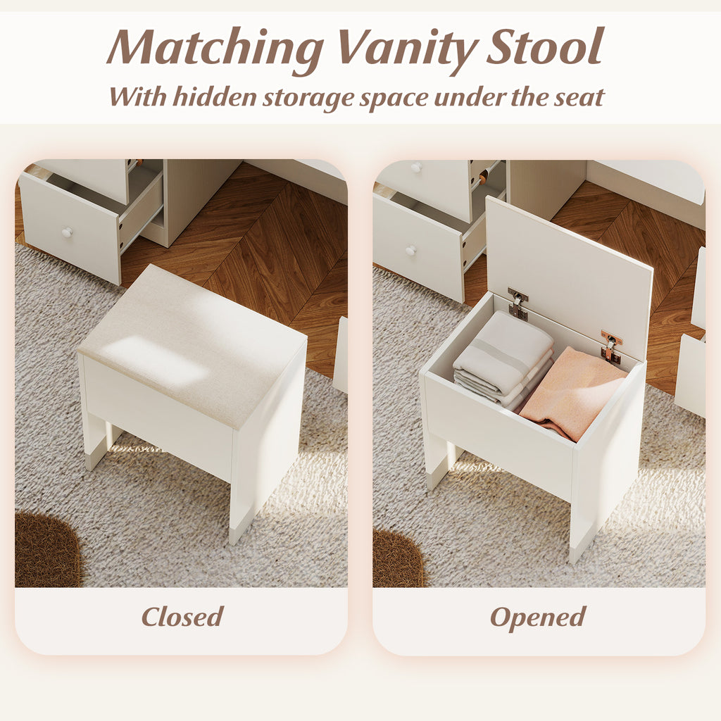 Vanity Desk with Lighted Mirror & Stool Set, White