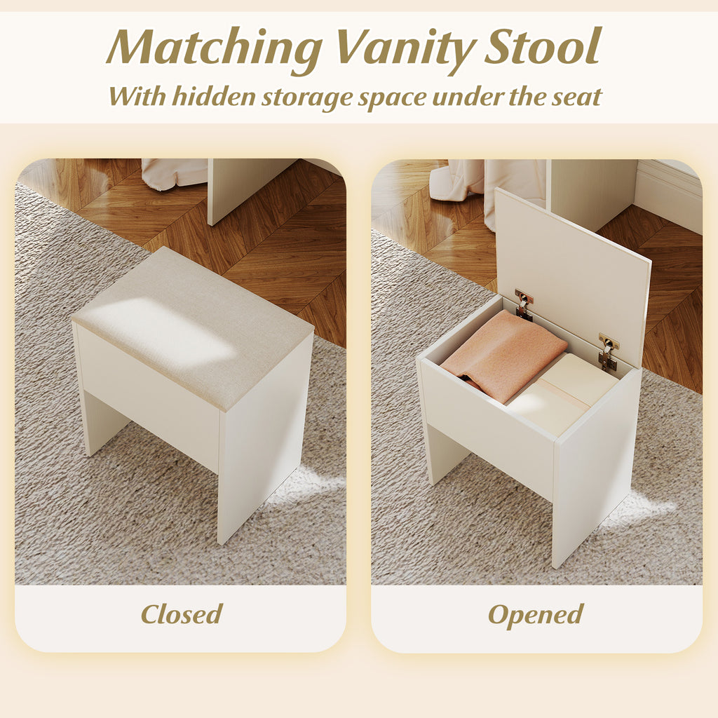 Vanity Desk with Lighted Mirror & Charging Station - White with Cushion