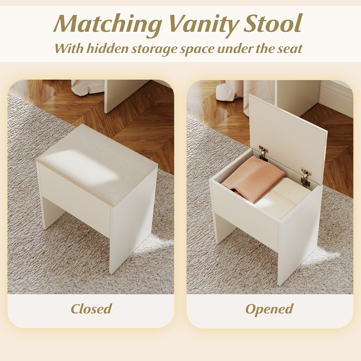 Vanity Desk with Lighted Mirror & Charging Station - White with Cushion