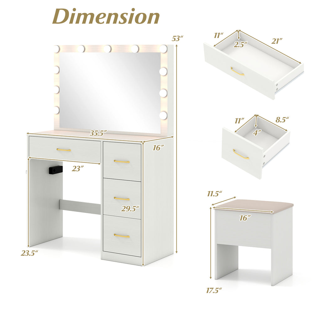 Makeup Vanity Desk with Lighted Mirror & Power Outlet – White with Padded Seat
