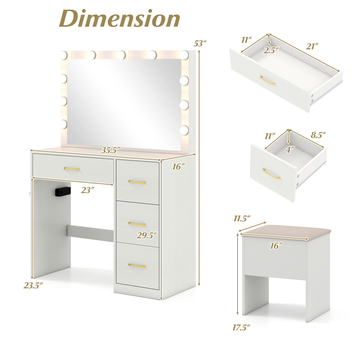 Makeup Vanity Desk with Lighted Mirror & Power Outlet – White with Padded Seat