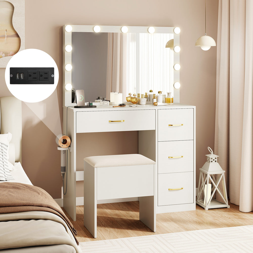 Vanity Desk with Lighted Mirror & Charging Station - White with Cushion