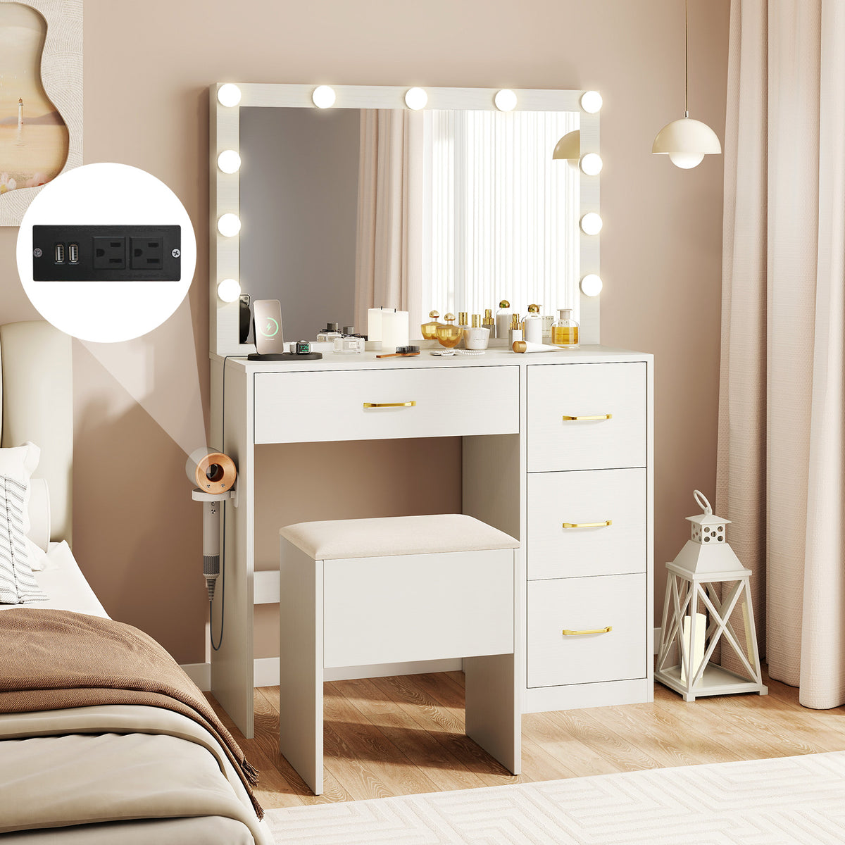 Vanity Desk with Lighted Mirror & Charging Station - White with Cushion
