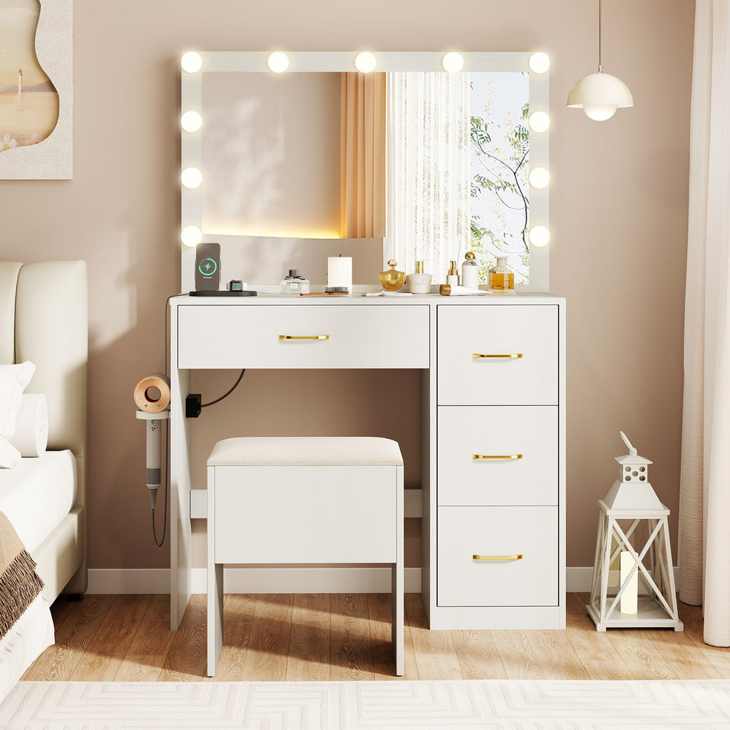 Makeup Vanity Desk with Lighted Mirror & Power Outlet – White with Padded Seat