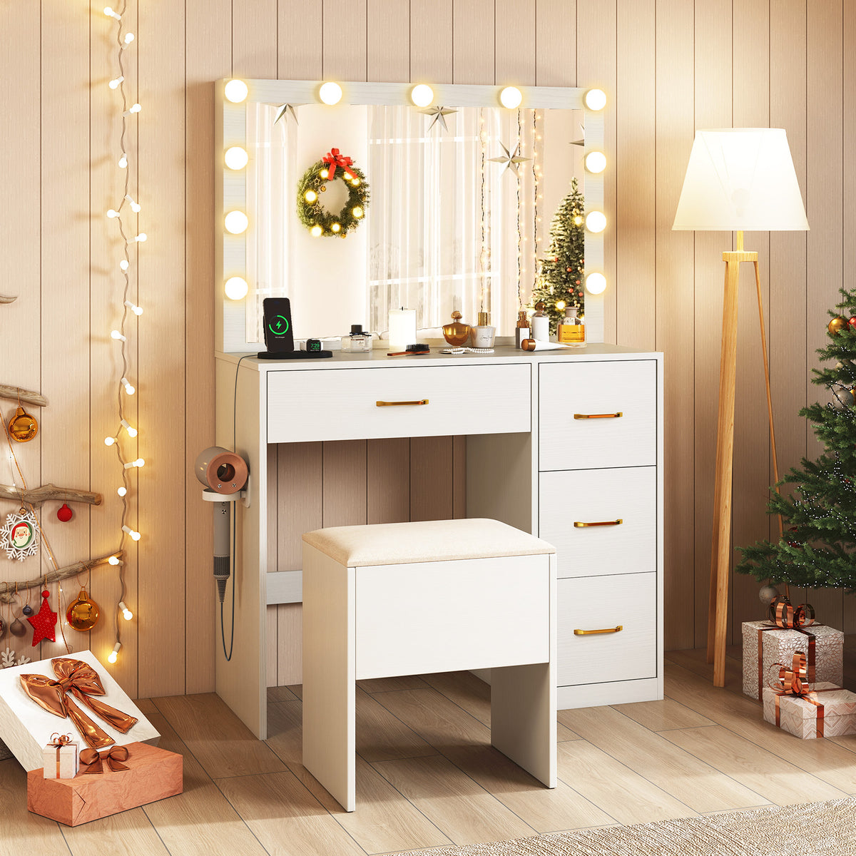 Makeup Vanity Desk with Lighted Mirror & Power Outlet – White with Padded Seat