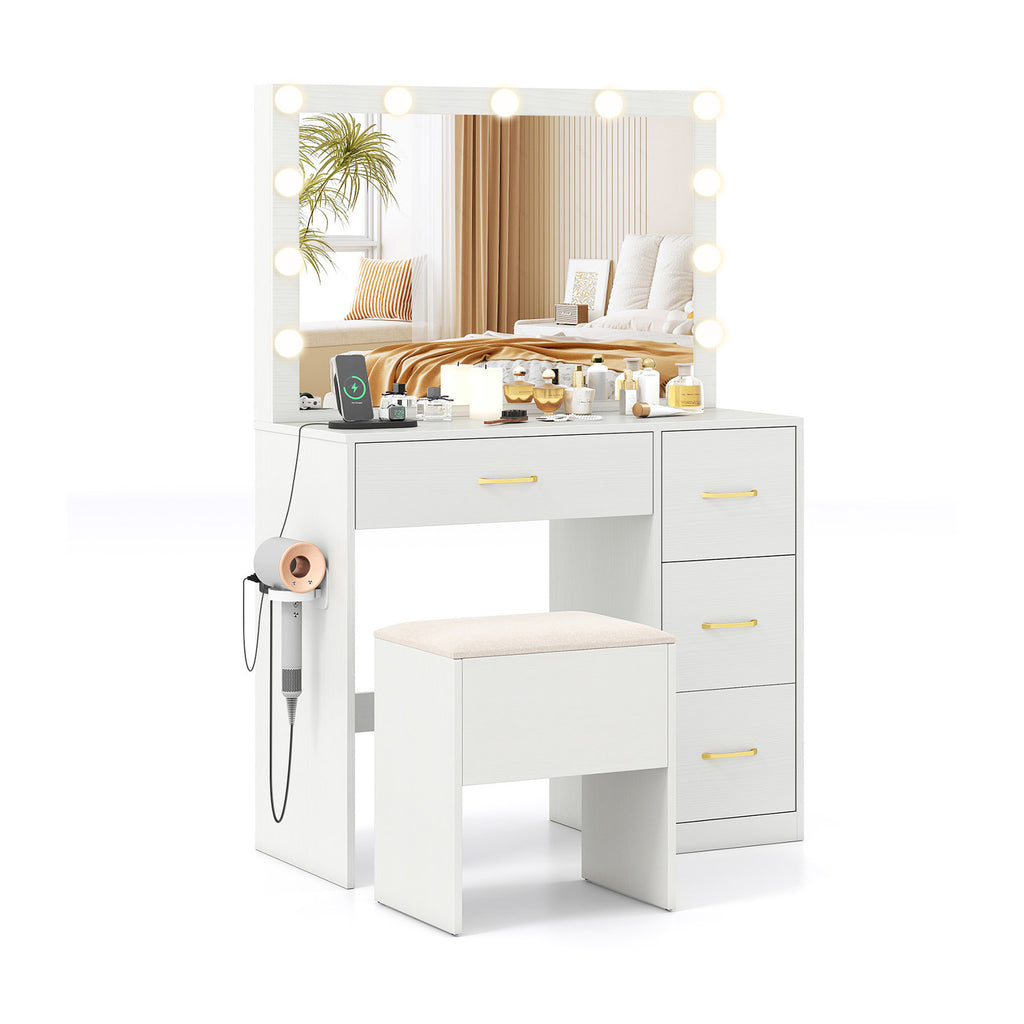 Makeup Vanity Desk with Lighted Mirror & Power Outlet – White with Padded Seat