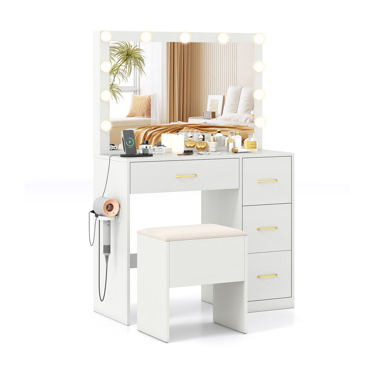 Makeup Vanity Desk with Lighted Mirror & Power Outlet – White with Padded Seat