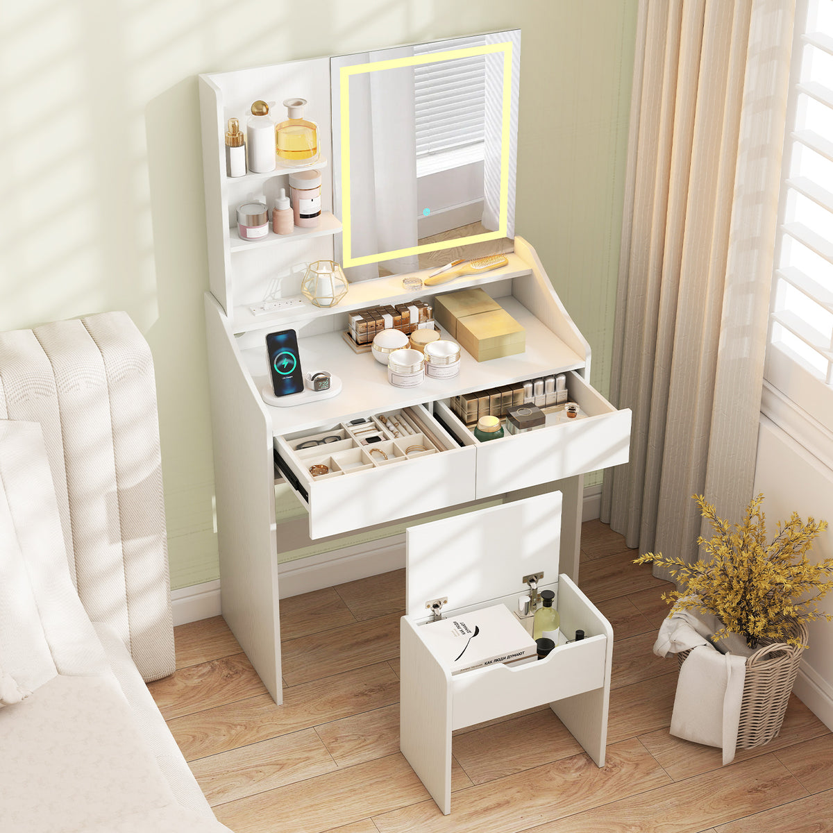 LED Lighted Makeup Vanity Desk with 3 Color Modes, White