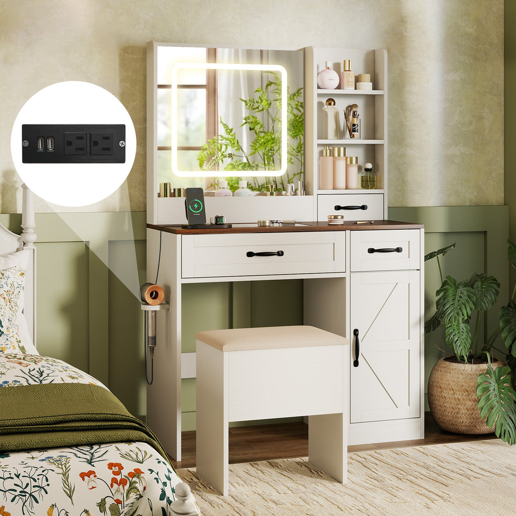 Vanity Desk with Lighted Mirror & Storage – White Farmhouse