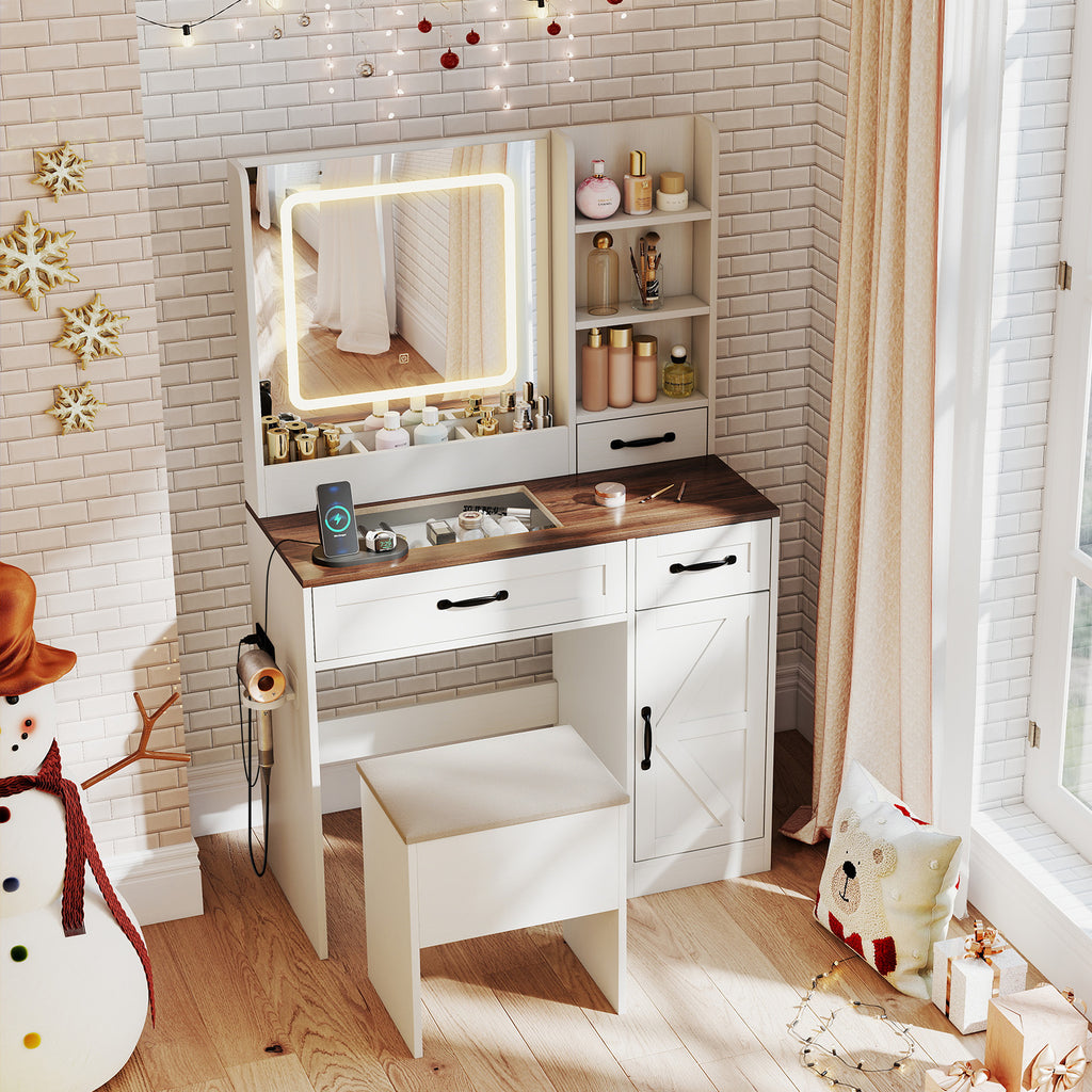 Vanity Desk with Lighted Mirror & Storage – White Farmhouse