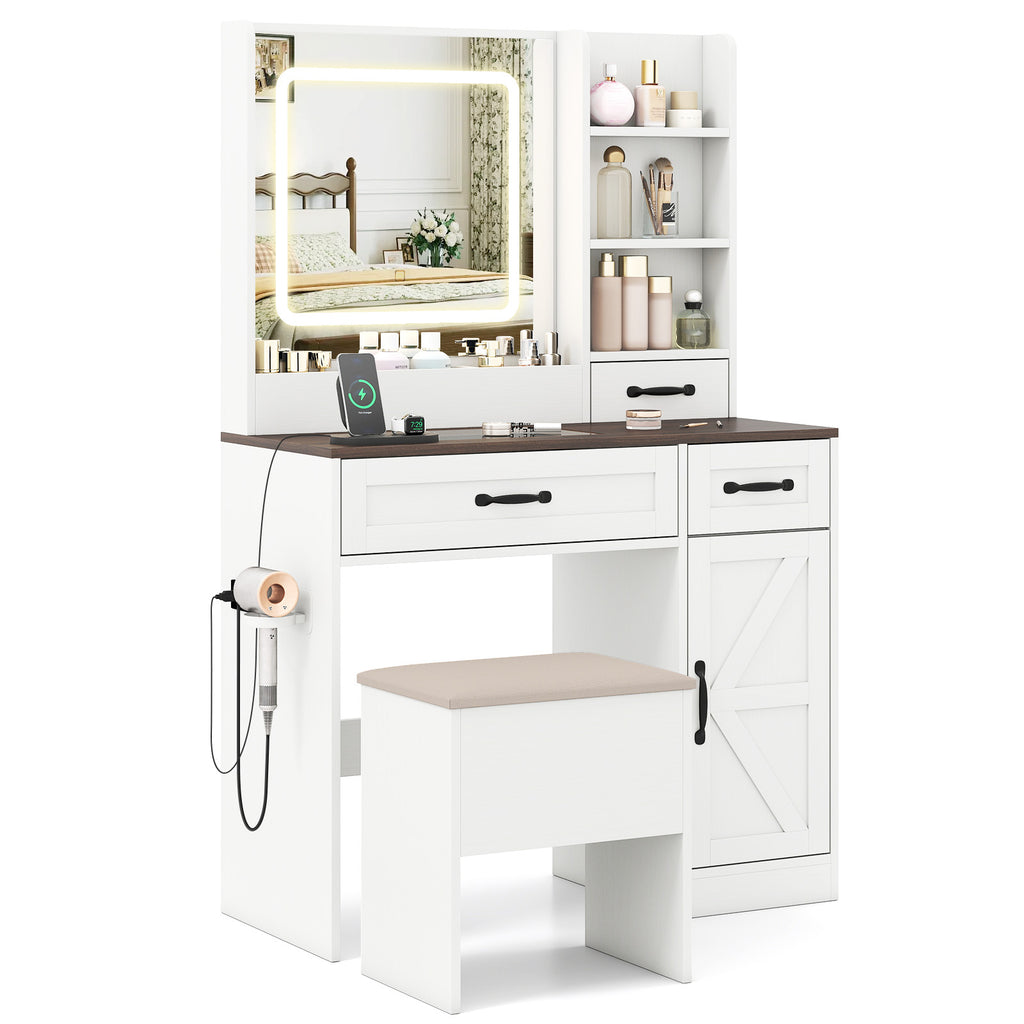 Vanity Desk with Lighted Mirror & Storage – White Farmhouse