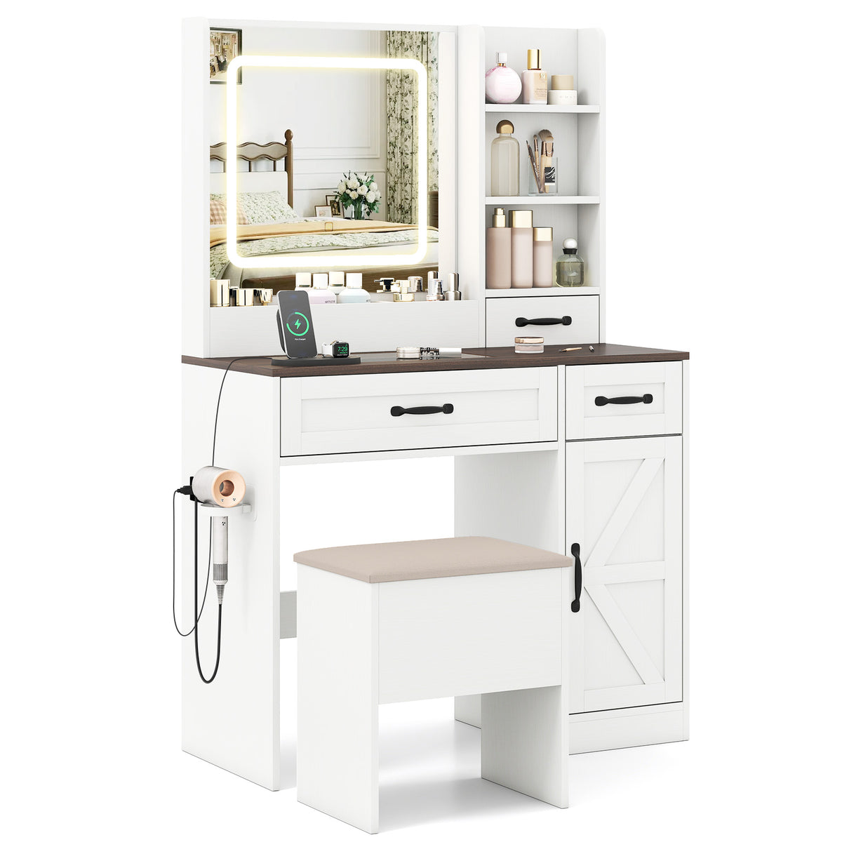 Vanity Desk with Lighted Mirror & Storage – White Farmhouse