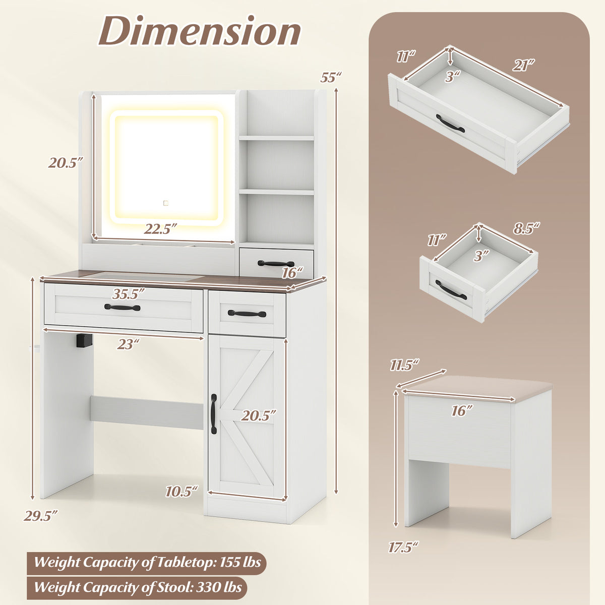 Vanity Desk with Lighted Mirror & Storage – White Farmhouse