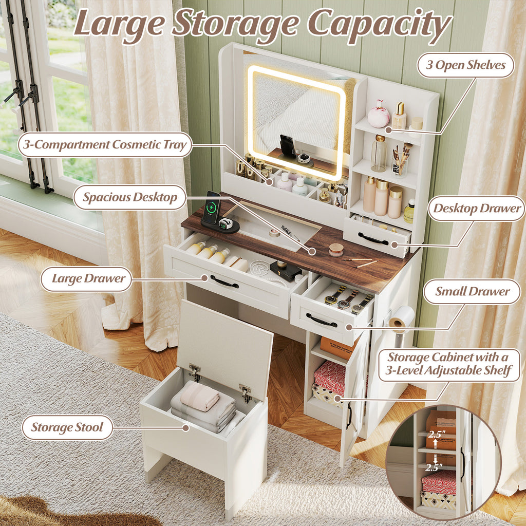 Vanity Desk with Lighted Mirror & Storage – White Farmhouse