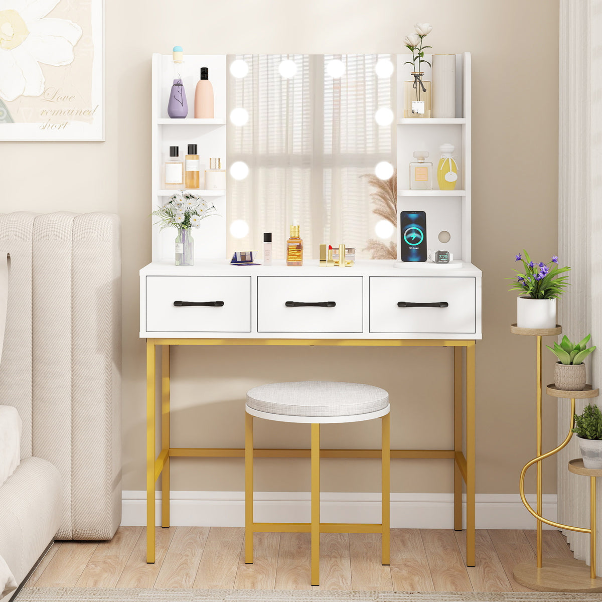 Vanity Desk with Mirror and Lights, White – Makeup Dressing Table with Stool