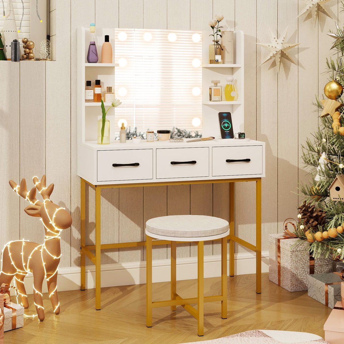 Vanity Desk with Mirror and Lights, White – Makeup Dressing Table with Stool