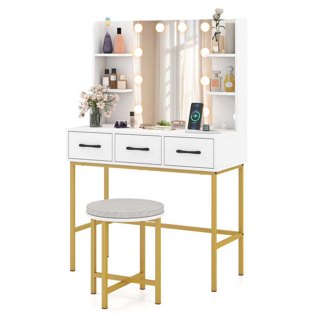 Vanity Desk with Mirror and Lights, White – Makeup Dressing Table with Stool