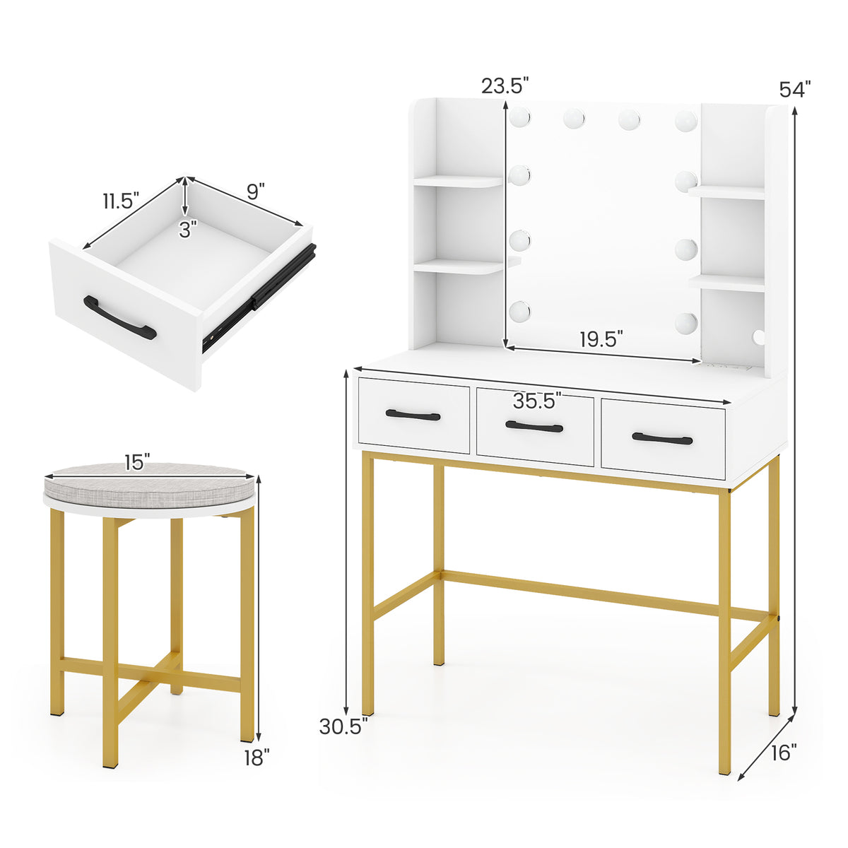 Vanity Desk with Mirror and Lights, White – Makeup Dressing Table with Stool