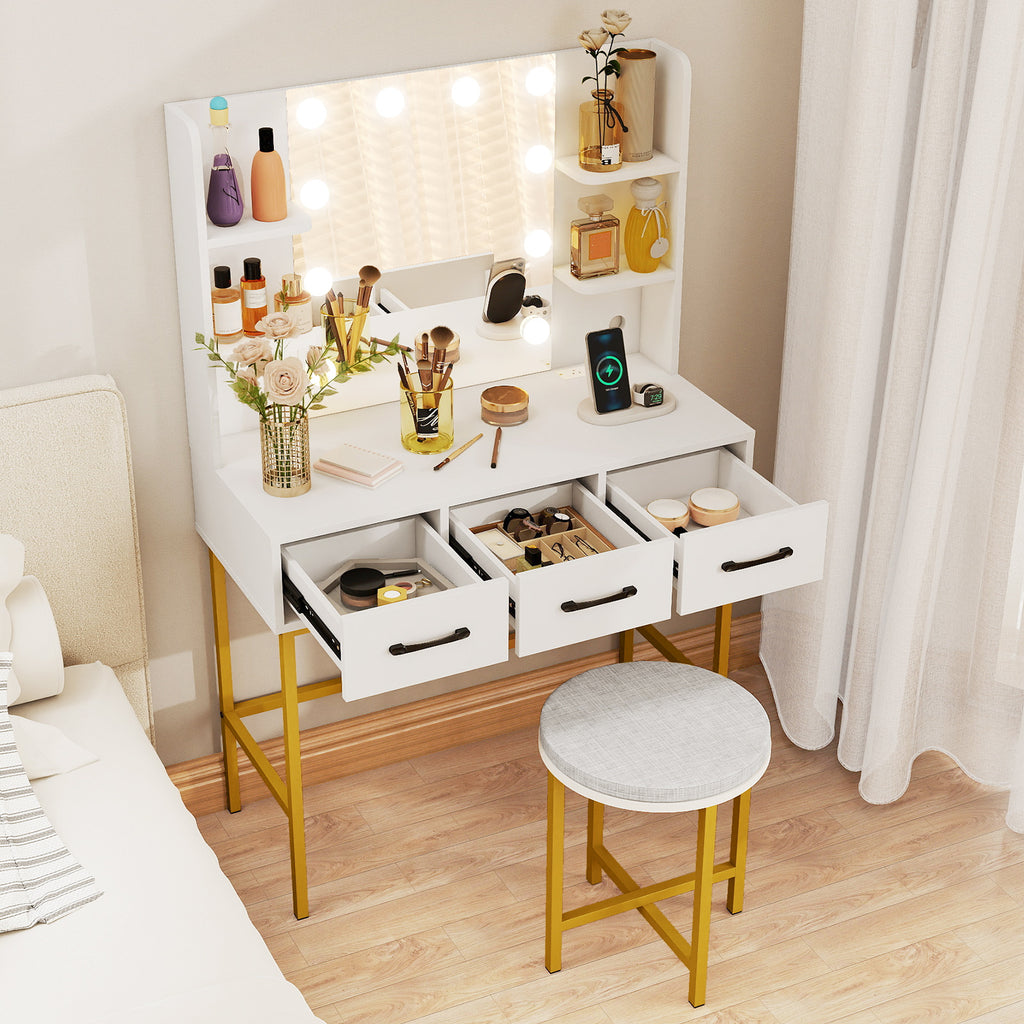Vanity Desk with Mirror and Lights, White – Makeup Dressing Table with Stool