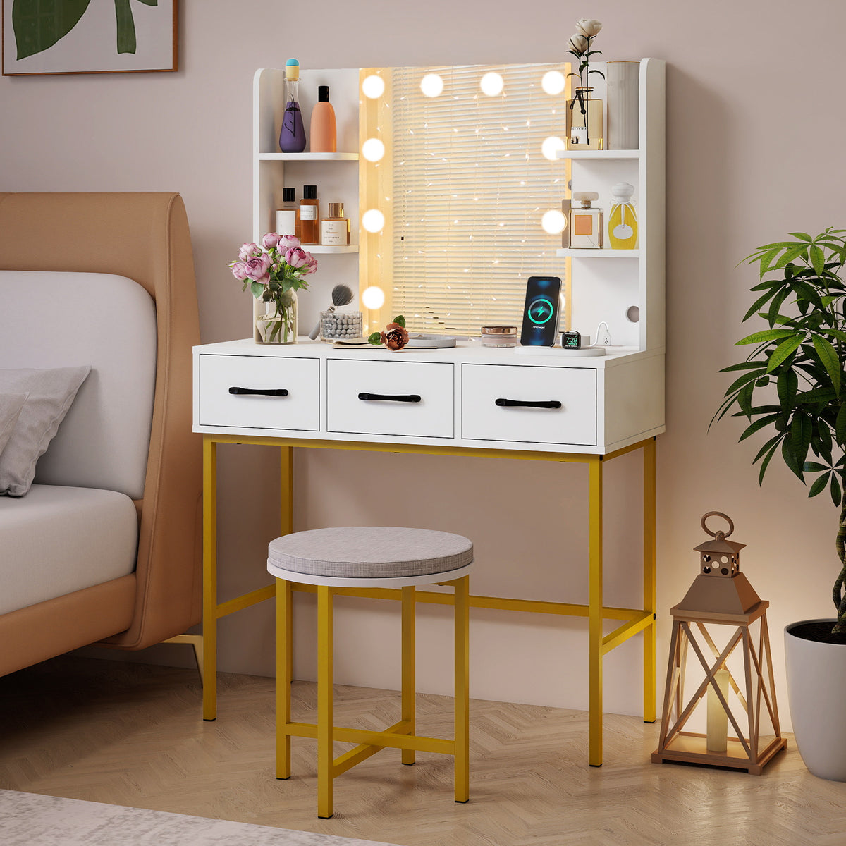 Vanity Desk with Mirror and Lights, White – Makeup Dressing Table with Stool
