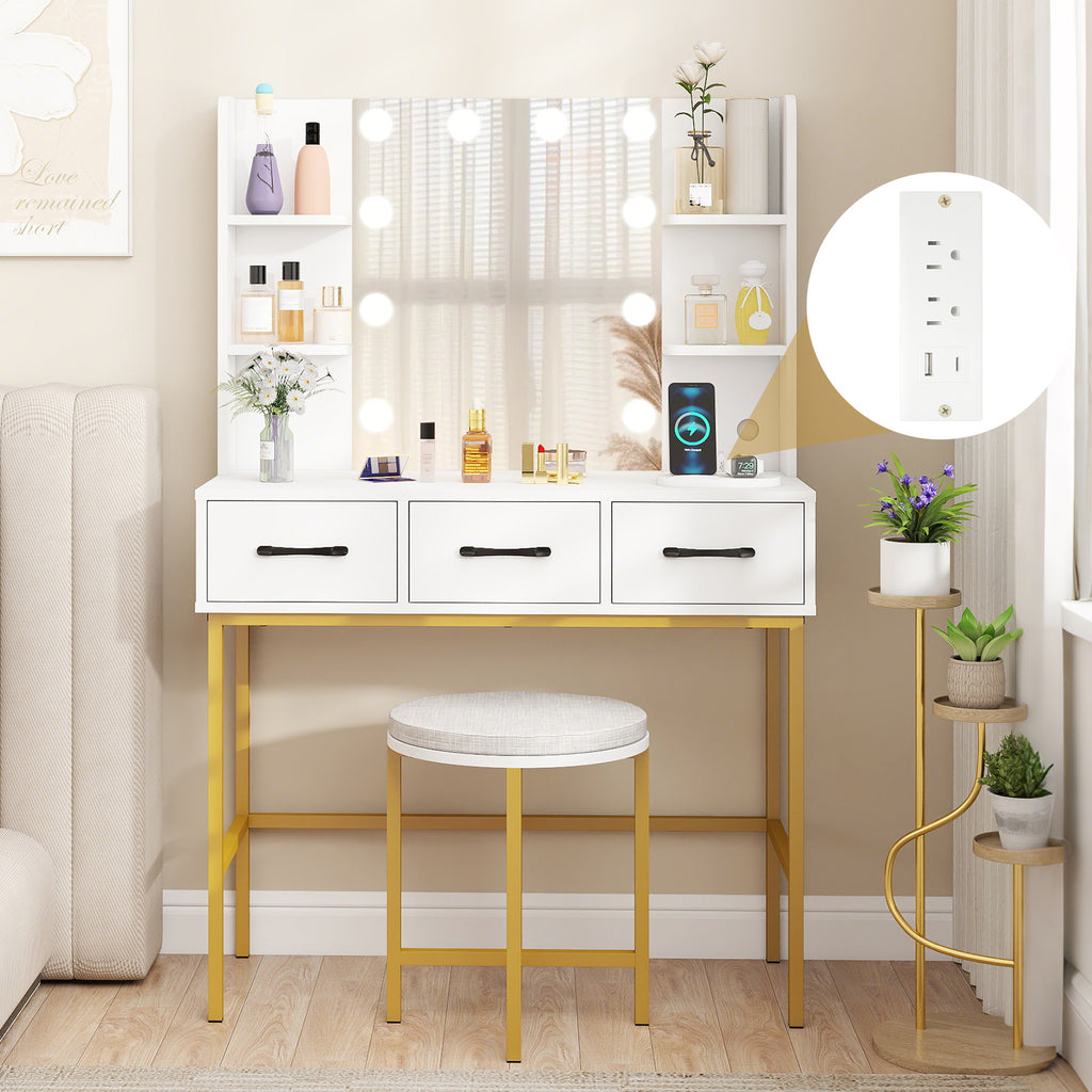 Vanity Desk with Mirror and Lights, White – Makeup Dressing Table with Stool