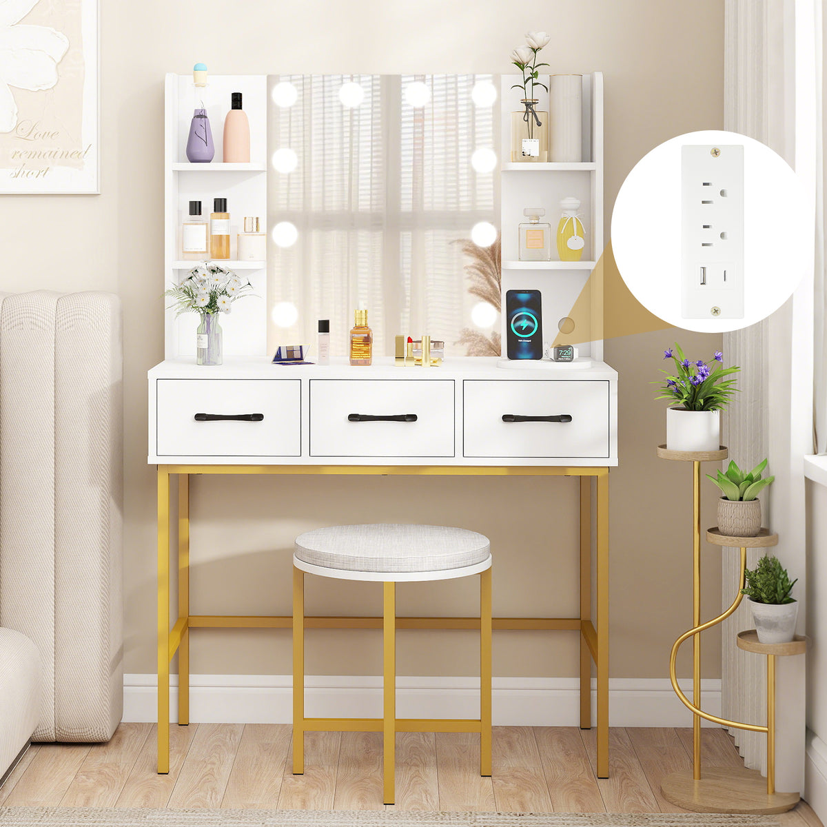 Vanity Desk with Mirror and Lights, White – Makeup Dressing Table with Stool