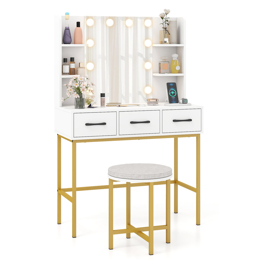 Vanity Desk with Mirror and Lights, White – Makeup Dressing Table with Stool