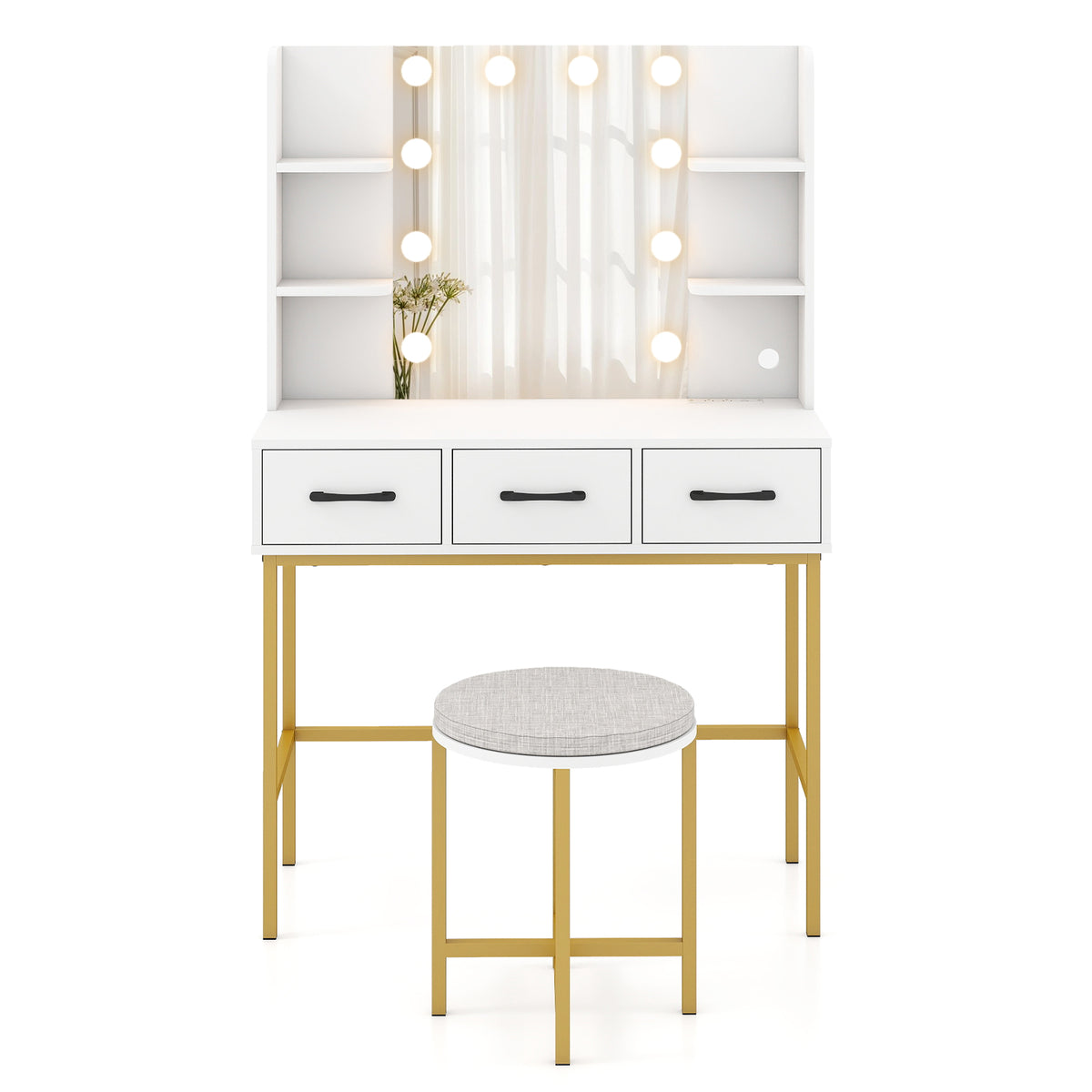 Vanity Desk with Mirror and Lights, White – Makeup Dressing Table with Stool