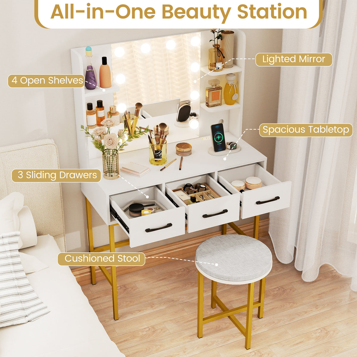 Vanity Desk with Mirror and Lights, White – Makeup Dressing Table with Stool